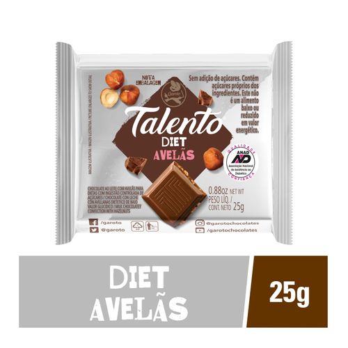 Barra de chocolate diet sabor avelã com 25g - Talento