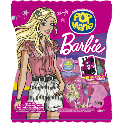 Pirulito Pop Mania Barbie sabor framboesa-pacote de 600g- Riclan