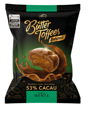 Bala de caramelo com cacau recheada com chocolate amargo 53% cacau  sabor menta Pacote com 500g - Butter Toffees