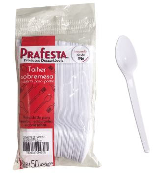 Colher de sobremesa branca descartável cristal pacote com 50 unidades - Prafesta