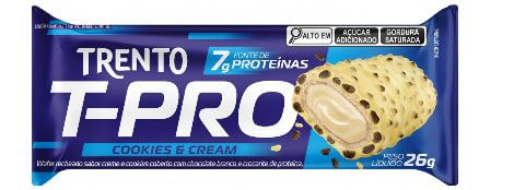 Wafer recheado sabor cookies & cream coberto com chocolate branco e crocante de proteína 26g - Trento T-Pro