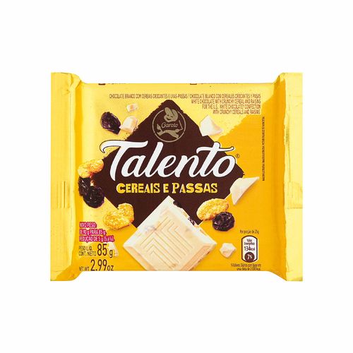 Barra de chocolate sabor cereais e passas com 85g - Talento