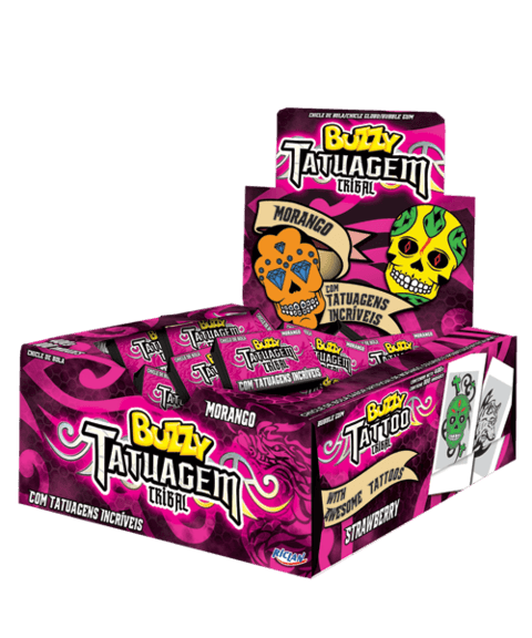 Chiclete Tatuagem Tribal sabor morango caixa com 360g - Buzzy