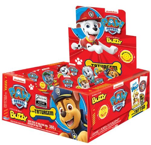 Chiclete Paw Patrol com tatuagem sabor tutti-frutti caixa com 360g - Buzzy